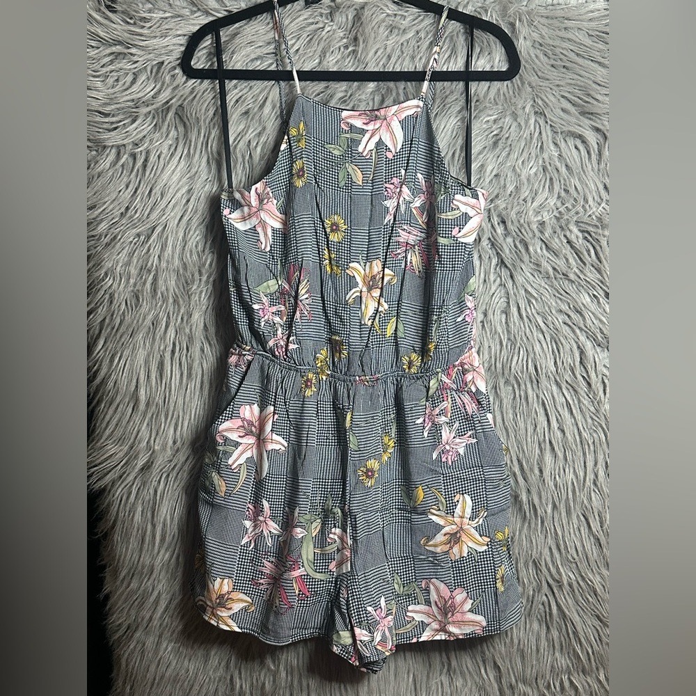 One Clothing Floral Plaid Jumpsuit - Pink and Yellow